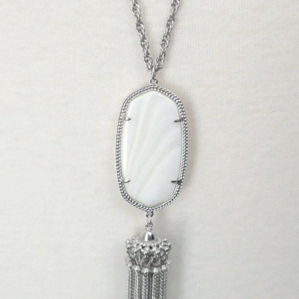 NWOT Kendra Scott White Marble Stone & Silver Tassel Rayne 32